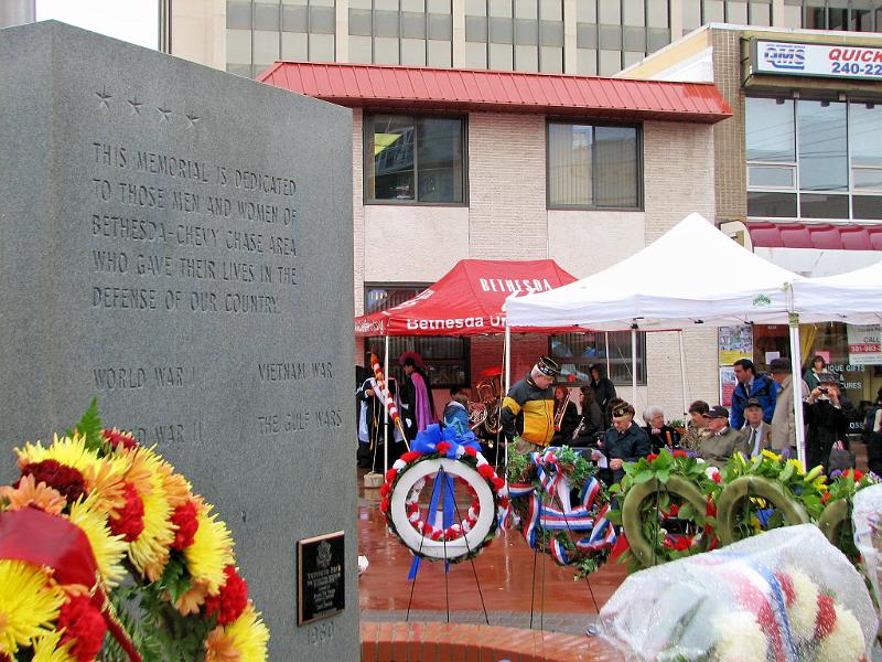 IMG_5431.jpg - 11 November 2009  was an especially significant anniversary as it was the 50th Anniversary of the Kiwanis Club of Bethesda and the American Legion Fitzgerald Cantrell Post #105.  In the cold rain, the monument honors veterans of World Wars I and II, Korean War, Vietnam War and the Gulf Wars, as well as all who served.