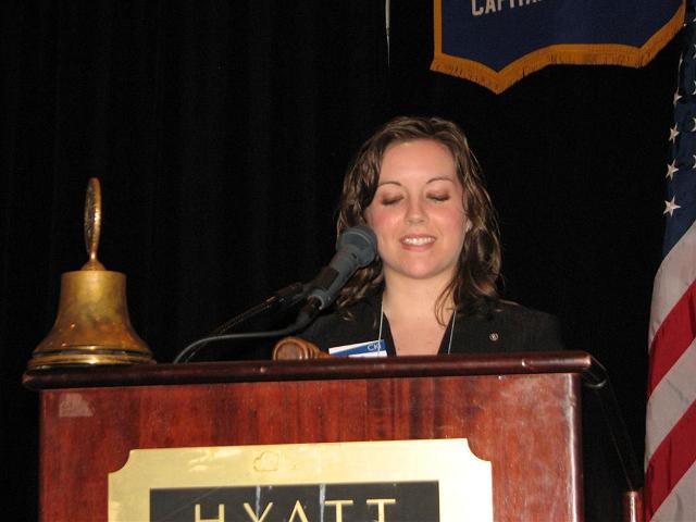 IMG_6398.JPG - CKI District Convention Chair Sarah Smith, LG Susquehanna Division and Past Key Club Governor, sends people off to sessions with the days announcements and messages.