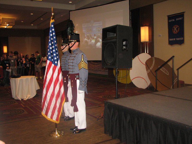 IMG_0685.JPG - The Fishburne Military School Color Guard stands at attention for the ‘Pledge of Allegiance” and singing of the United States National Anthem followed by the Invocation in the Kiwanis Family tradition of opening a meeting.  It was very respectful of our flag and our nation.   It’s even more to be proud of by Key Club.